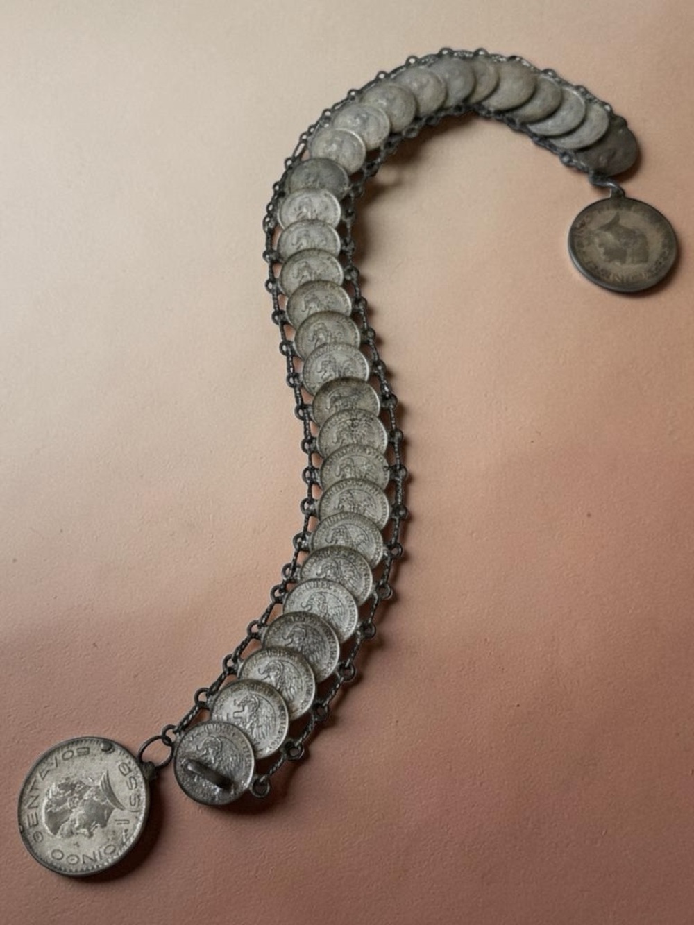 Vintage Mexican Coin Link Bracelet - Silver Tone